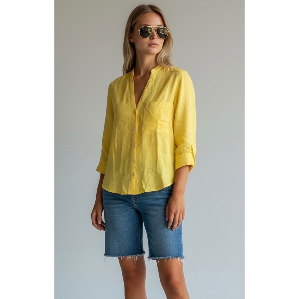Zara Basic Yellow Linen Medium Button‎ Down Shirt Tops Blouses Summer
